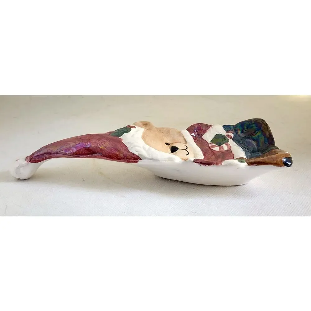 Vintage Christmas Teddy Bear Ceramic Spoon Rest Tea Bag Holder Santa Hat 9